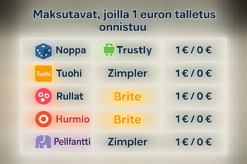Taulukko maksutavoista, joilla 1 euron talletus onnistuu